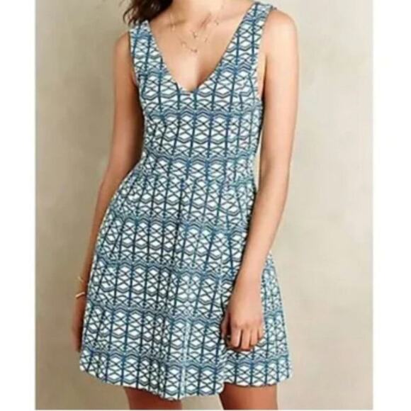 Mauve Dresses & Skirts - Anthropologie Maeve Green Blue Geometric Fit and Flare Cutout Mini Dress Size 12